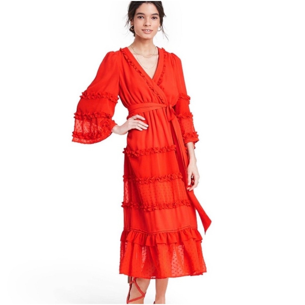 Alexis Target Red Angel Long Sleeve Ruffle Chiffon Tiered Maxi Dress XS